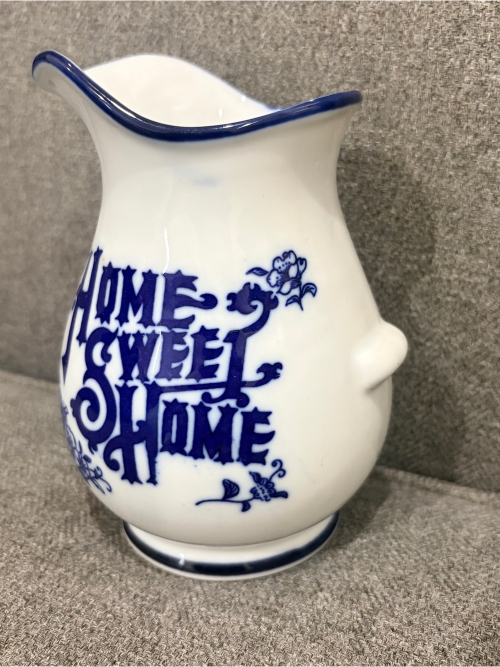 White Mini Ceramic Pitcher with Blue 'Home Sweet Home' Script - Picture 3 of 7
